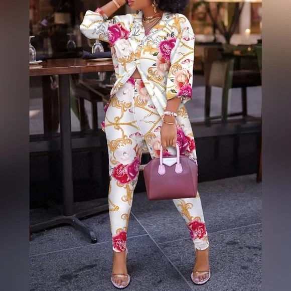 🟡 Print Lantern Sleeve Top High Waist Pants Set